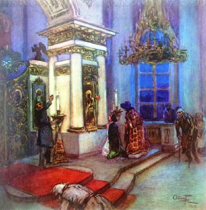 Наташа с Беловой становились на привычное место перед иконой Божией Матери... Иллюстрация А. П. Апсита к роману Л. Н. Толстого «Война и мир»