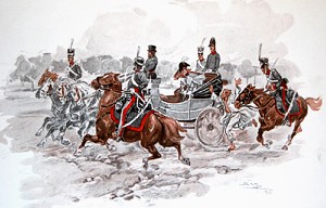 Шатаясь на своих длинных худых ногах, в развевающемся халате, сумасшедший этот стремительно бежал, не спуская глаз с Растопчина, крича ему что-то хриплым голосом и делая знаки, чтобы он остановился. Иллюстрация А. П. Апсита к роману Л. Н. Толстого «Война и мир»