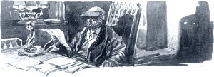 Князь в очках, с абажуром на глазах и на свече, сидел у открытого бюро, с бумагами в далеко отставленной руке, и в несколько торжественной позе читал свои бумаги... Иллюстрация А. П. Апсита к роману Л. Н. Толстого «Война и мир»