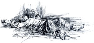 Казак этот лежал навзничь, раскинув огромные руки и ноги. Иллюстрация А. П. Апсита к роману Л. Н. Толстого «Война и мир»