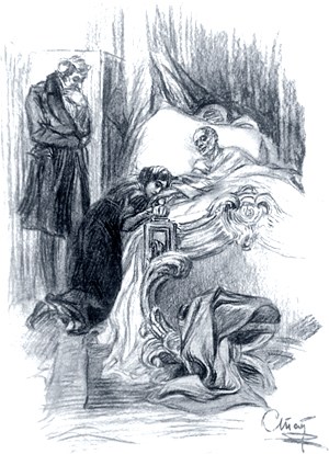Княжна Марья прижалась головой к его руке, стараясь скрыть свои рыдания и слезы. Иллюстрация А. П. Апсита к роману Л. Н. Толстого «Война и мир»