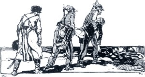 Денисов, с мрачным лицом, сняв папаху, шел позади казаков, несших к вырытой в саду яме тело Пети Ростова. Иллюстрация А. П. Апсита к роману Л. Н. Толстого «Война и мир»