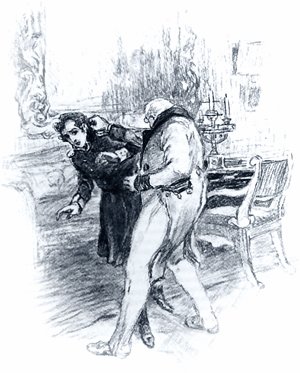 Лицо Пьера, и прежде бледное, исказилось бешенством. Он схватил своей большой рукой Анатоля за воротник мундира и стал трясти из стороны в сторону... Иллюстрация А. П. Апсита к роману Л. Н. Толстого «Война и мир»