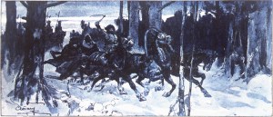 Главный начальник их надел шубу и, сев в сани, поскакал один, оставив своих товарищей. Иллюстрация А. П. Апсита к роману Л. Н. Толстого «Война и мир»