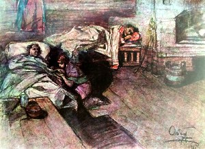 Наташа быстрым, но осторожным движением подвинулась к нему на коленях и, взяв осторожно его руку, нагнулась над ней лицом и стала целовать ее, чуть дотрогиваясь губами. Иллюстрация А. П. Апсита к роману Л. Н. Толстого «Война и мир»