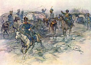Собака на забоге, живая собака на забоге, — сказал Денисов ему вслед — высшую насмешку кавалериста над верховым пехотным, и, подъехав к Ростову, расхохотался. Иллюстрация А. П. Апсита к роману Л. Н. Толстого «Война и мир»