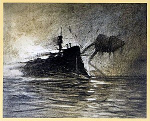 Марсианин пошатнулся от взрыва, и через секунду пылающие обломки судна, все еще несшиеся вперед по инерции, ударили и подмяли его, как картонную куклу. Иллюстрация к роману Герберта Уэллса «Война миров». Художник Альвим Корреа, 1906 г.