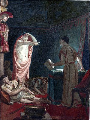 Картина конца XIX века, изображающая акт IV, сцена 3: Брут видит призрак Цезаря (трагедия У. Шекспира «Юлий Цезарь»). Художник Александр Бида (1813-1895)