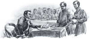 Иконин снова жалобно, униженно умолял; но профессор снова отказал. Иллюстрация А. П. Апсита к повести Л. Н. Толстого «Юность»