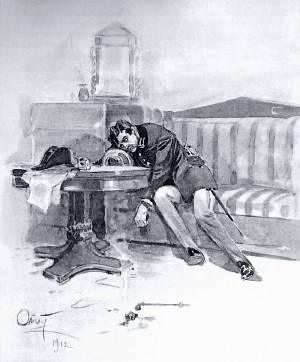 С страшной головной болью, расслабленный, долго лежал на диване, с тупым вниманием вглядываясь в герб Бостонжогло, изображенный на четвертке, в валявшуюся на полу трубку... Иллюстрация А. П. Апсита к повести Л. Н. Толстого «Юность»