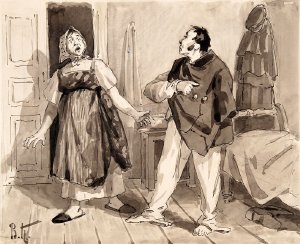 Мантия совершенно готова и сшита. Мавра вскрикнула, когда я надел ее. Иллюстрация к «Запискам сумасшедшего» Н.В. Гоголя. Художник Коновалов
