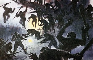 — Это случилось на рассвете. Наши ученые друзья только продрали глаза и даже не успели сцепиться. И вдруг откуда ни возьмись — обезьяны. Просто посыпались на нас, как яблоки с яблони. Они, наверно, еще затемно облепили высокое дерево, на которое вы лазали. Одной я тут же всадил пулю в брюхо, однако тем дело и кончилось — нас мигом уложили на обе лопатки. Иллюстрация к роману Артура Конан Дойла «Затерянный мир». Художник В. Шевченко, 1968