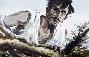— Скорее, юноша, скорей! Дорога каждая минута. Возьмите винтовки — обе. Остальные у меня. Как можно больше патронов. Набейте ими карманы. Теперь — провизия. Шести банок хватит. Вот так. Ни о чем не спрашивайте, не рассуждайте. Ну, бежим, не то будет поздно. Иллюстрация к роману Артура Конан Дойла «Затерянный мир». Художник В. Шевченко, 1968