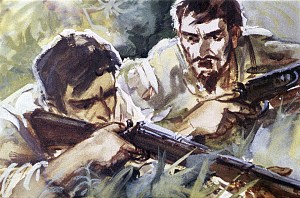 — Стреляй в толпу! Не жалей пуль, сынок! — крикнул мне лорд Джон. Иллюстрация к роману Артура Конан Дойла «Затерянный мир». Художник В. Шевченко, 1968