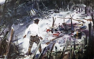 Наши вещи в беспорядке валялись по всей поляне; моих спутников нигде не было, а возле потухшего костра краснела на траве большая лужа крови. Иллюстрация к роману Артура Конан Дойла «Затерянный мир». Художник В. Шевченко, 1968
