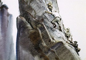 Первая половина подъема прошла совсем просто, но дальше утес становился все круче, и последние пятьдесят футов мы подвигались, цепляясь руками и ногами за каждый выступ, за каждую трещину в камнях. Иллюстрация к роману Артура Конан Дойла «Затерянный мир». Художник В. Шевченко, 1968