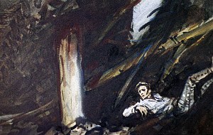 Яма была глубокая, с отвесными краями и ровным дном, футов двадцати в поперечнике. Иллюстрация к роману Артура Конан Дойла «Затерянный мир». Художник В. Шевченко, 1968