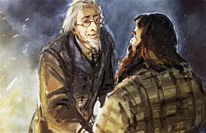 — Профессор Челленджер, — торжественным, дрожащим от волнения голосом проговорил он, — я должен извиниться перед вами. Я был не прав, сэр, но надеюсь, что вы предадите прошлое забвению. Иллюстрация к роману Артура Конан Дойла «Затерянный мир». Художник В. Шевченко, 1968