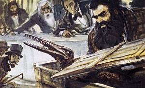 Послышалась какая-то возня, царапанье, и тут же вслед за этим невообразимо страшное, омерзительное существо вылезло из ящика и уселось на его краю. Иллюстрация к роману Артура Конан Дойла «Затерянный мир». Художник В. Шевченко, 1968