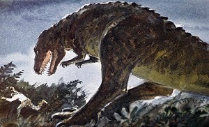 Я дико вскрикнул и опрометью бросился вперед. Прерывистое, хриплое дыхание слышалось все ближе и ближе. Тяжелый топот настигал меня. Еще секунда — и динозавр вцепится мне в спину. Иллюстрация к роману Артура Конан Дойла «Затерянный мир». Художник В. Шевченко, 1968