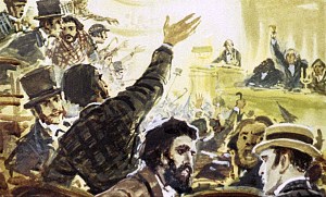 Эти слова вызвали настоящую бурю. Иллюстрация к роману Артура Конан Дойла «Затерянный мир». Художник В. Шевченко, 1968