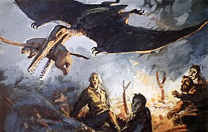 И вдруг из этой темноты, из этого ночного мрака со свистом, напоминающим свист аэроплана, к костру ринулось сверху какое-то существо. Перепончатые крылья на миг прикрыли нас, словно пологом, и я успел разглядеть длинную, как у змеи, шею, свирепые, блеснувшие красным огоньком глаза и огромный разверстый клюв, усаженный, к моему величайшему изумлению, мелкими, ослепительно белыми зубами. Секунда — и это существо унеслось прочь... вместе с нашим ужином. Иллюстрация к роману Артура Конан Дойла «Затерянный мир». Художник В. Шевченко, 1968