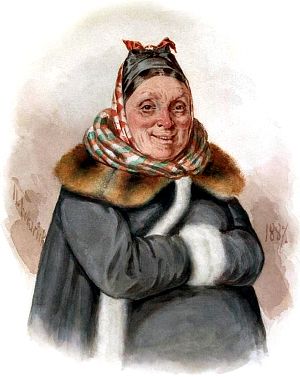 Фёкла Ивановна. Иллюстрация к пьесе Н. В. Гоголя «Женитьба» (1842 г.). Художник Боклевский Пётр Михайлович, 1887 г.