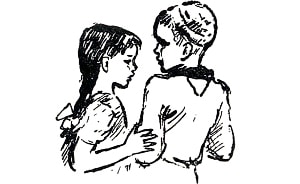 — Ты меня прости, я ведь на тебя подумала, а это галка-воровка. Иллюстрация к рассказу Б. Житкова «Галка». Художник Р. Великанова, 1939