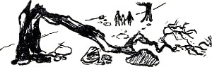 Братья ему ничего не сказали, а подняли и повели домой. Иллюстрация к рассказу Б. Житкова «В горах». Художник Р. Великанова, 1939