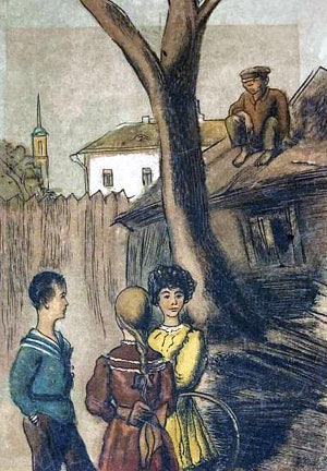 Клим, Лидия, Люба и Дронов. Иллюстрация к роману М. Горького «Жизнь Клима Самгина». Кукрыниксы, 1932-1933 гг.