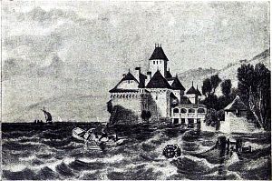 Шильонский замок в 1820-х годах. Рис. Гардинг, грав. Финден. Иллюстрация к поэме Джорджа Байрона (перевод В. А. Жуковского) «Шильонский узник». Издание Брокгауза-Ефрон, С.-Петербург, 1905 г.