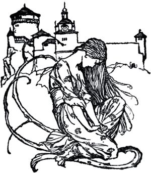 Глава XIX. О том, как рыцарь был погребен. Иллюстрация Артура Рэкема (1909 г.) к повести Фридриха де ла Мотт Фуке «Ундина» (1811 г.). Поэтический перевод В. А. Жуковского (1831-1836).