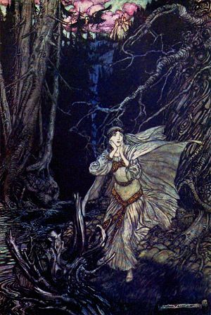 Бертальда в Черной Долине. Иллюстрация Артура Рэкема (1909 г.) к повести Фридриха де ла Мотт Фуке «Ундина» (1811 г.). Поэтический перевод В. А. Жуковского (1831-1836).