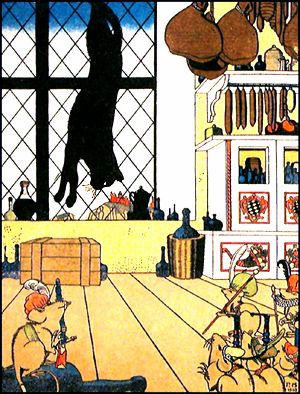 Кот Мурлыка в ветчинне висит на бревне, и повешен за ноги, мордою вниз. Иллюстрация Г. Нарбута к сказке Жуковского