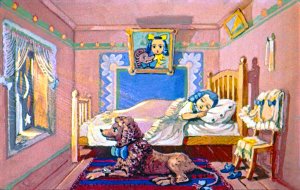 В домике было тихо. Он постучал сильнее, — должно быть, там крепко спали. Иллюстрация Л. Владимирского к сказке «Золотой ключик или приключения Буратино»