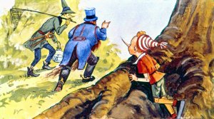 В это время послышался хруст веток, грубые голоса, — мимо пещеры прошли продавец лечебных пиявок Дуремар и волочащий ноги Карабас Барабас. Иллюстрация Л. Владимирского к сказке «Золотой ключик или приключения Буратино»