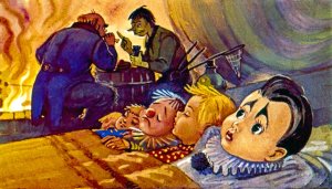 — Понимаешь, Буратино, однажды ночью шумел ветер, лил дождь как из ведра. Синьор Карабас Барабас сидел около очага и курил трубку. Все куклы уже спали. Я один не спал. Я думал о девочке с голубыми волосами… Иллюстрация Л. Владимирского к сказке «Золотой ключик или приключения Буратино»