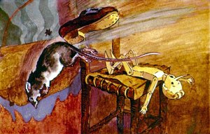 Папа Карло стащил с ноги деревянный башмак и запустил им в крысу. Иллюстрация Л. Владимирского к сказке «Золотой ключик или приключения Буратино»