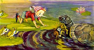 Буратино и черепаха Тортила с золотым ключиком. Иллюстрация Л. Владимирского к сказке «Золотой ключик или приключения Буратино»