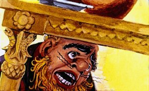— Отвечу, отвечу, замолчи, замолчи! — прошептал Карабас Барабас. — Дверь — у старого Карло в каморке, за нарисованным очагом… Иллюстрация Л. Владимирского к сказке «Золотой ключик или приключения Буратино»