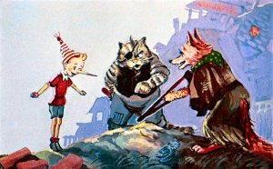 Лиса и кот привели Буратино на пустырь, где валялись битые горшки, рваные башмаки, дырявые калоши и тряпки…Иллюстрация Л. Владимирского к сказке «Золотой ключик или приключения Буратино»
