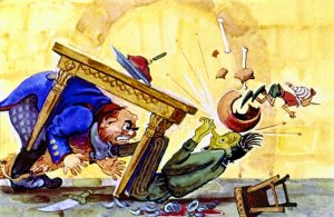 Из осколков и кучи обглоданных костей выскочил Буратино… Иллюстрация Л. Владимирского к сказке «Золотой ключик или приключения Буратино»