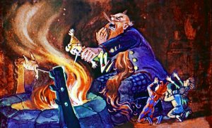 Воображаю, каково будет узнать твоему отцу, что я на тебе изжарил кролика и двух цыплят… Аап-чхи! Иллюстрация Л. Владимирского к сказке «Золотой ключик или приключения Буратино»