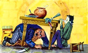Дуремар был суеверен, кроме того он тоже выпил много вина. Лицо у него посинело и сморщилось от страха, как гриб сморчок... Иллюстрация Л. Владимирского к сказке «Золотой ключик или приключения Буратино»