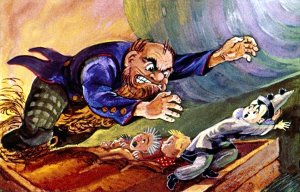 — Ты подслушиваешь, негодяй! — И он кинулся, чтобы схватить меня и бросить в огонь, но опять запутался в бороде и со страшным грохотом, опрокидывая стулья, растянулся на полу. Иллюстрация Л. Владимирского к сказке «Золотой ключик или приключения Буратино»