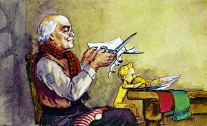 Смастерил туфли из старого голенища и шапочку — колпачком с кисточкой — из старого носка. Иллюстрация Л. Владимирского к сказке «Золотой ключик или приключения Буратино»