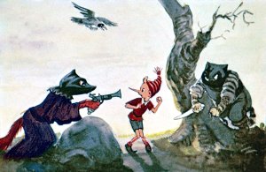 Кошелек или жизнь! Иллюстрация Л. Владимирского к сказке «Золотой ключик или приключения Буратино»