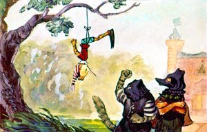 — Повиси, дружок, до вечера, — сказали они зловеще и пошли искать какую-нибудь придорожную харчевню. Иллюстрация Л. Владимирского к сказке «Золотой ключик или приключения Буратино»