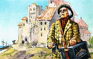 Когда-то Карло в широкополой шляпе ходил с прекрасной шарманкой по городам, и пением и музыкой добывал себе на хлеб. Иллюстрация Л. Владимирского к сказке «Золотой ключик или приключения Буратино»