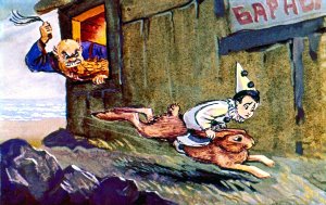 Пьеро на зайце. Иллюстрация Л. Владимирского к сказке «Золотой ключик или приключения Буратино»